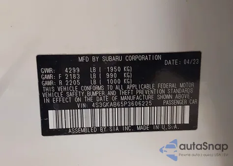 2023 Subaru Impreza Base z USA, uszkodzony, nr VIN 4S3GKAB65P3606225